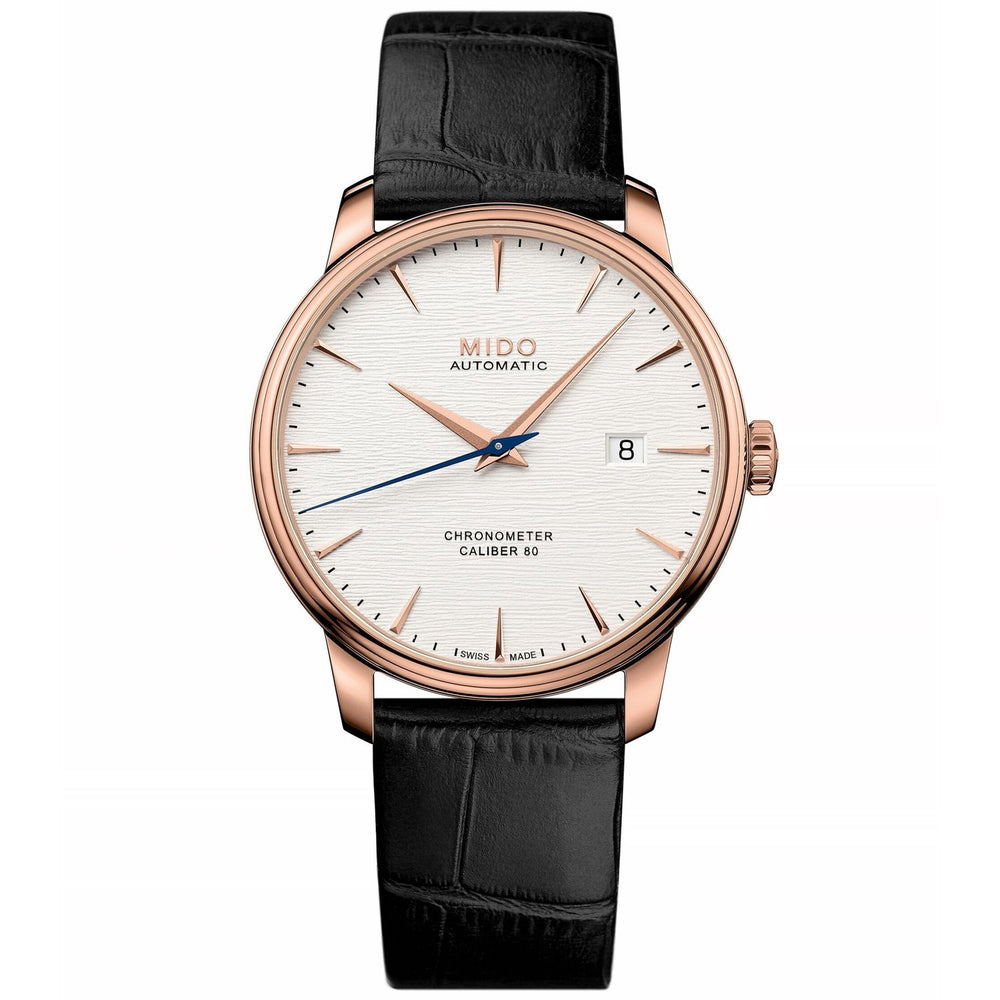 MIDO MOD. BARONCELLI watch with black leather strap and rose gold case.