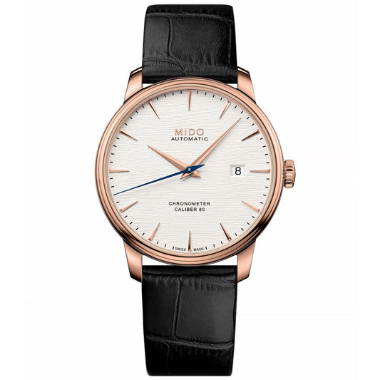 MIDO MOD. BARONCELLI watch with black leather strap and rose gold case.