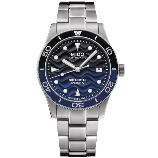 MIDO MOD. M026-907-11-041-00 stainless steel watch with blue dial and date display.
