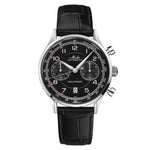 MIDO MOD. MULTIFORT PATRIMONY CHRONOGRAPH with black leather strap and black dial, luxury men's wristwatch.