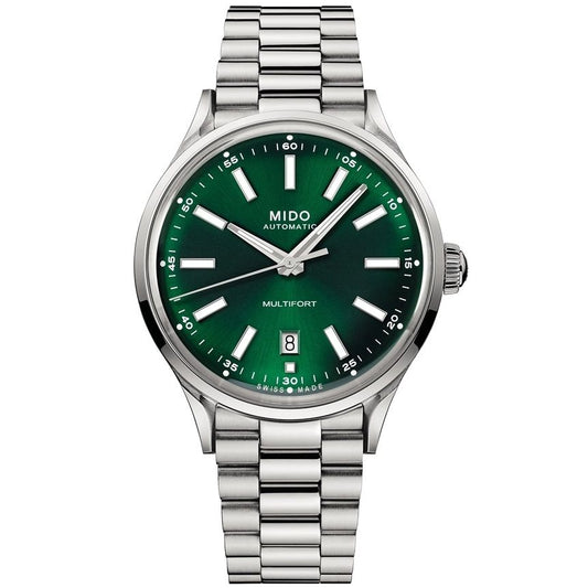 MIDO MOD. MULTIFORT PATRIMONY POWERWIND watch with green dial and silver stainless steel bracelet