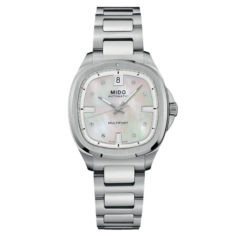 MIDO MOD. MULTIFORT TV 35 watch with stainless steel bracelet and pearl dial, luxury timepiece showcasing classic elegance.