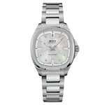 MIDO MOD. MULTIFORT TV 35 watch with stainless steel bracelet and pearl dial, luxury timepiece showcasing classic elegance.