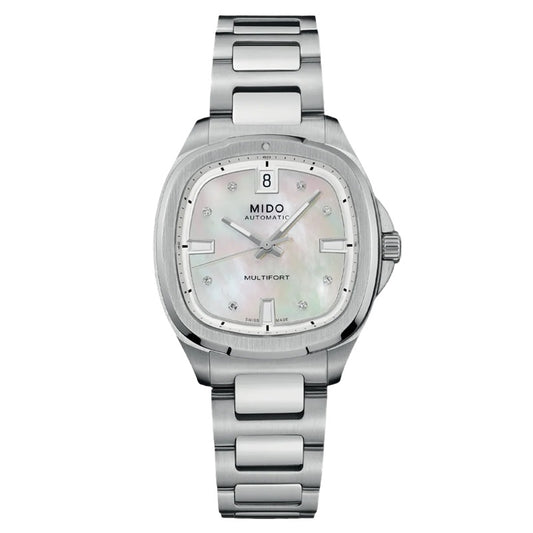MIDO MOD. MULTIFORT TV 35 watch with stainless steel bracelet and pearl dial, luxury timepiece showcasing classic elegance.