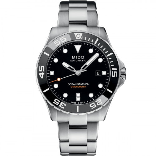 MIDO MOD. OCEAN STAR 600 CHRONOMETER luxury dive watch with stainless steel bracelet and black dial.