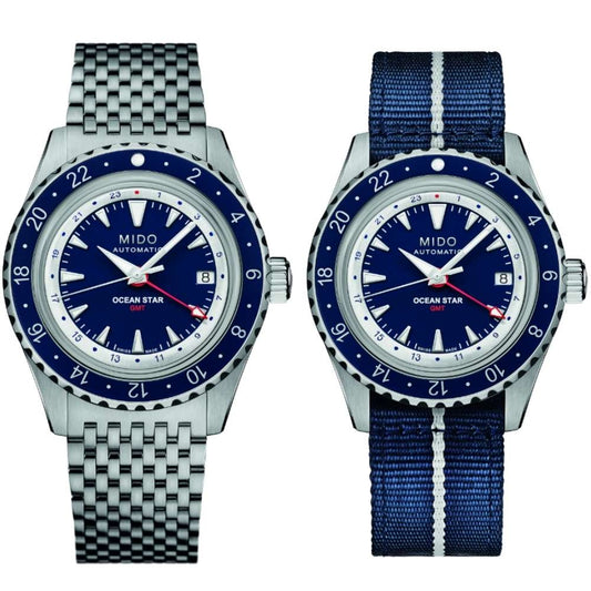 MIDO MOD. OCEAN STAR GMT SPECIAL EDITION watches with metal and fabric straps.