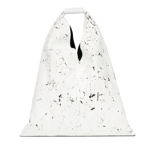 White MM6 Maison Margiela Classic Japanese handbag with black speckle pattern and single top handle, featuring main compartment.