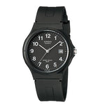 CASIO COLLECTION unisex wristwatch with resin case and strap, 5 ATM water resistance, quartz movement, and official packaging.