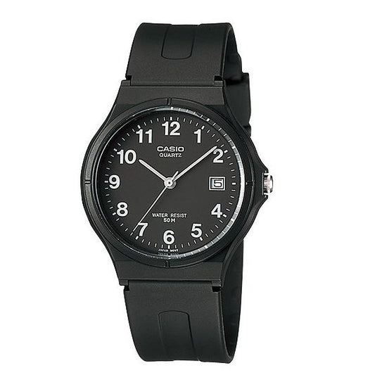 CASIO COLLECTION unisex wristwatch with resin case and strap, 5 ATM water resistance, quartz movement, and official packaging.
