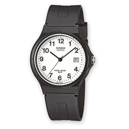 CASIO COLLECTION unisex wristwatch with resin strap, quartz movement, 5 ATM water resistance, and mineral dial in official packaging.