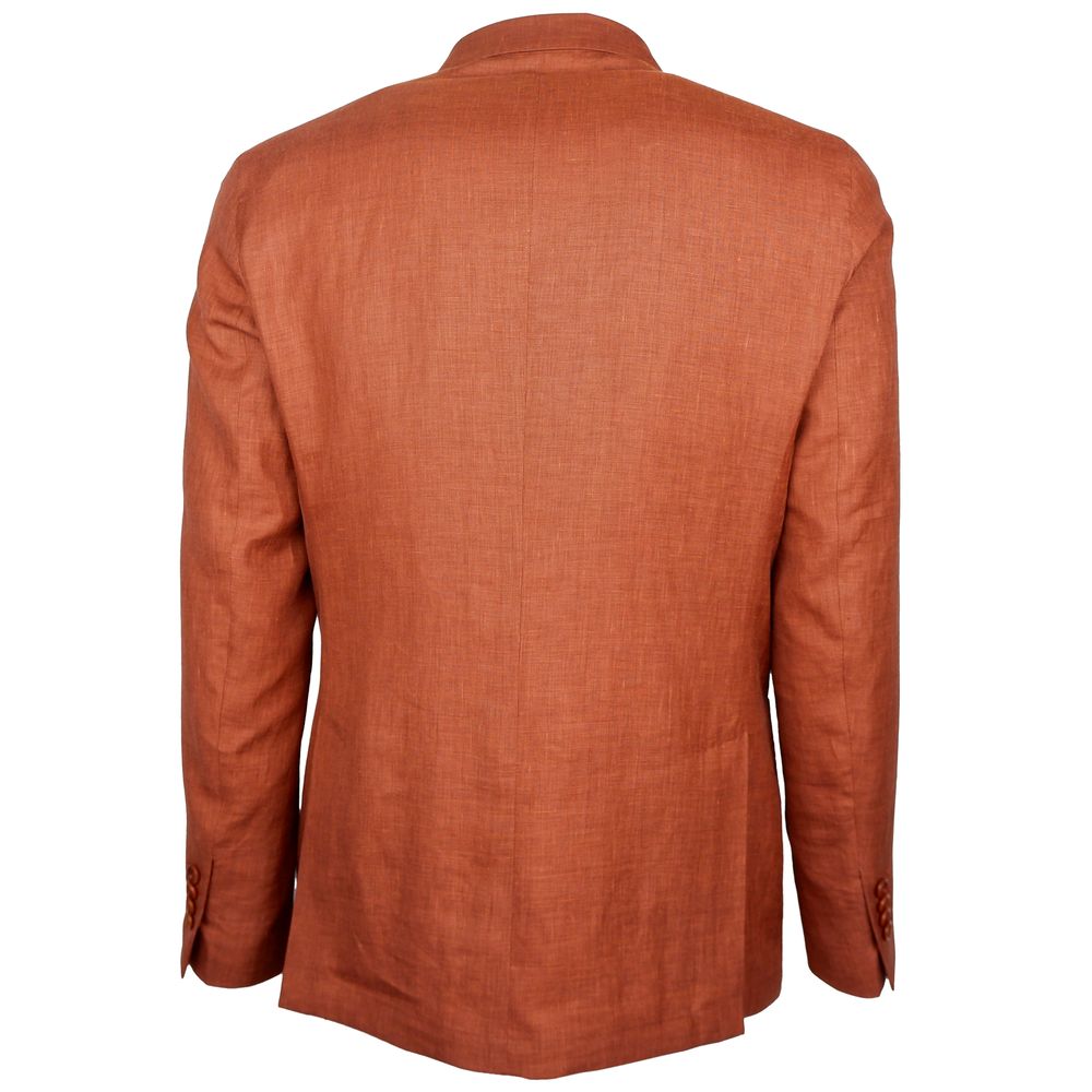 Back view of Made in Italy Brown Linen Blazer, rust-colored Loro Piana fabric double-breasted jacket with peaked lapels.