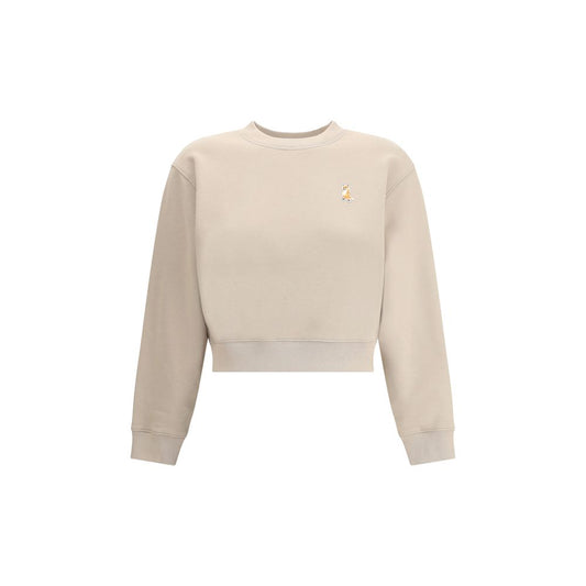 Maison Kitsuné Beige Cotton Sweatshirt with embroidered fox patch, ribbed crew neck, hem, and cuffs, AW25 collection