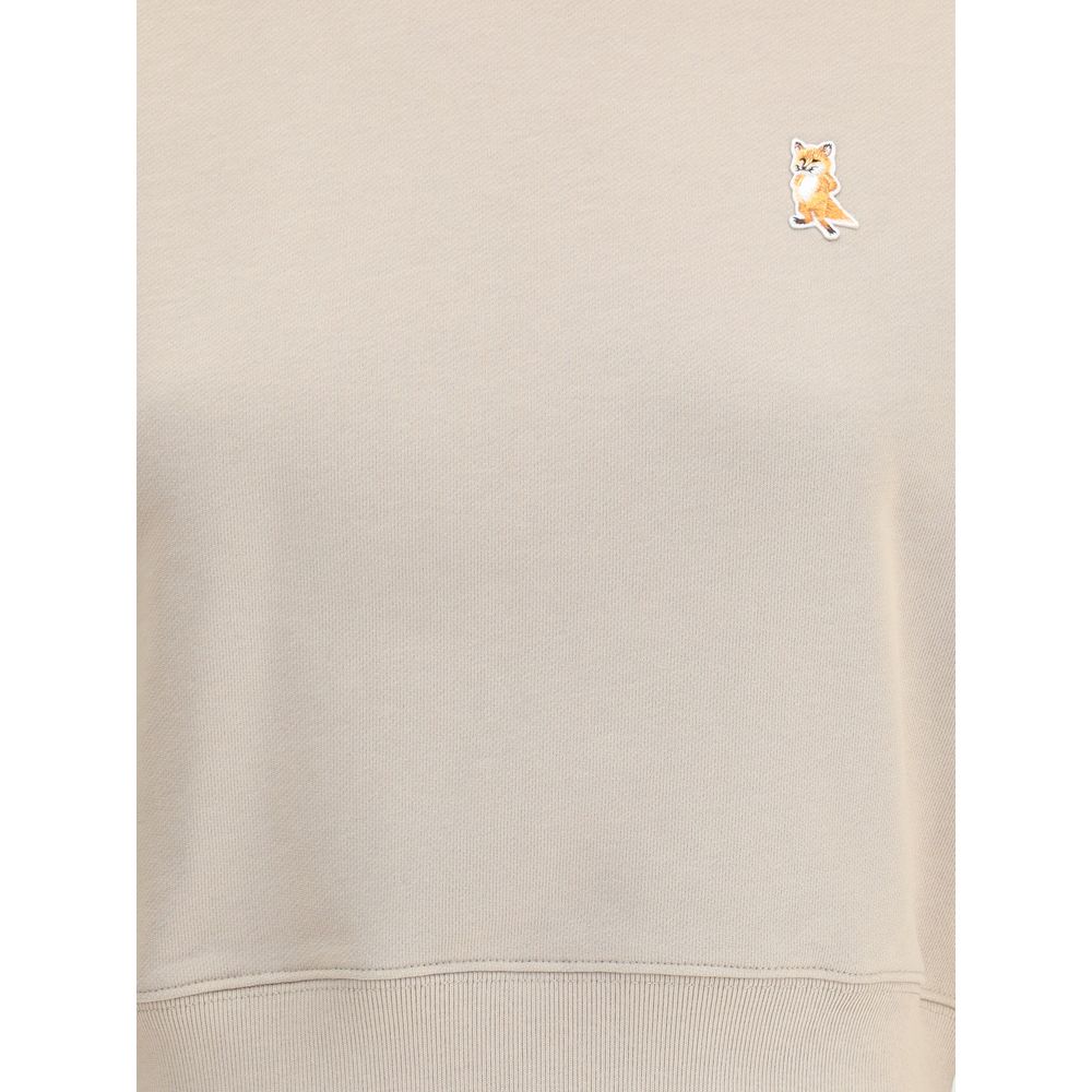 Maison Kitsuné Beige Cotton Sweatshirt with embroidered fox patch, ribbed crew neck and cuffs, contemporary urban style.