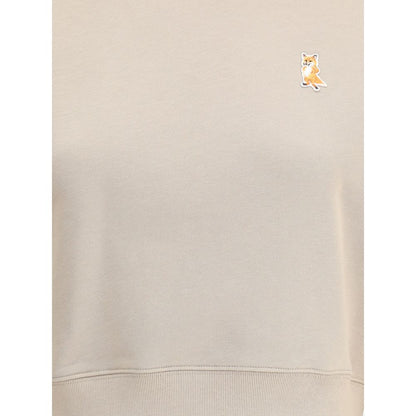 Maison Kitsuné Beige Cotton Sweatshirt with embroidered fox patch, ribbed crew neck and cuffs, contemporary urban style.