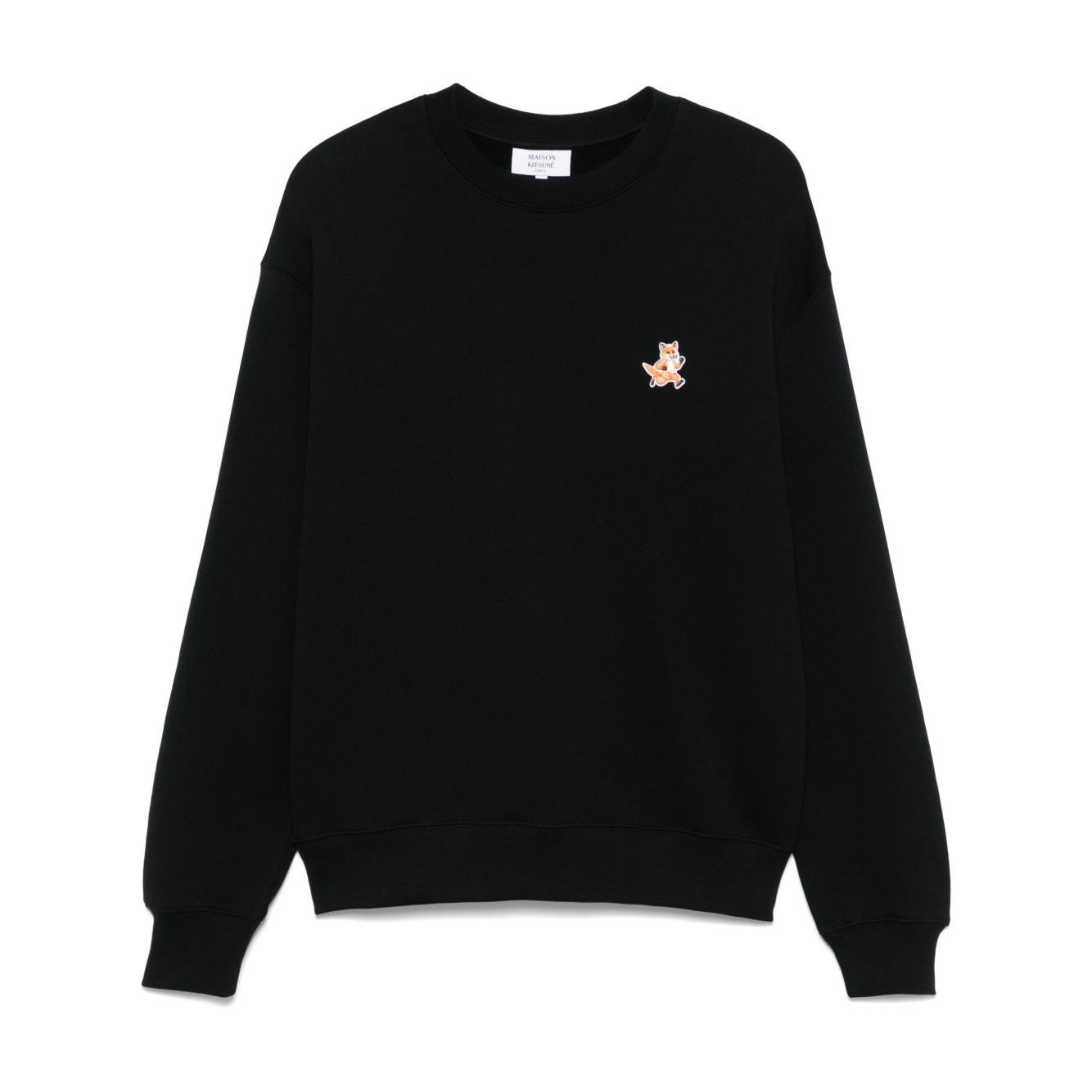 Maison Kitsuné Maison Kitsune speedy fox patch comfort sweatshirt in black with ribbed cuffs and hem