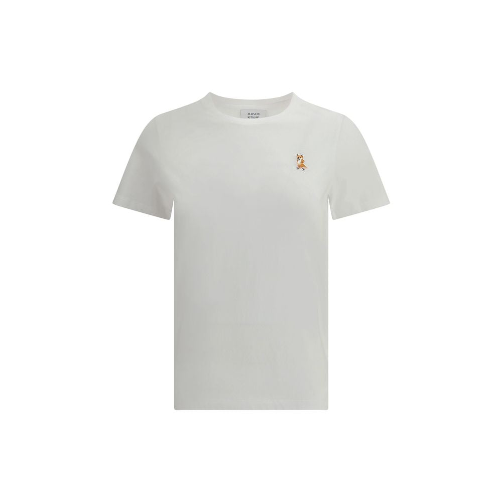 Maison Kitsuné White Cotton T-Shirt with embroidered fox patch, ribbed crew neck, perfect for casual style, 100% cotton.