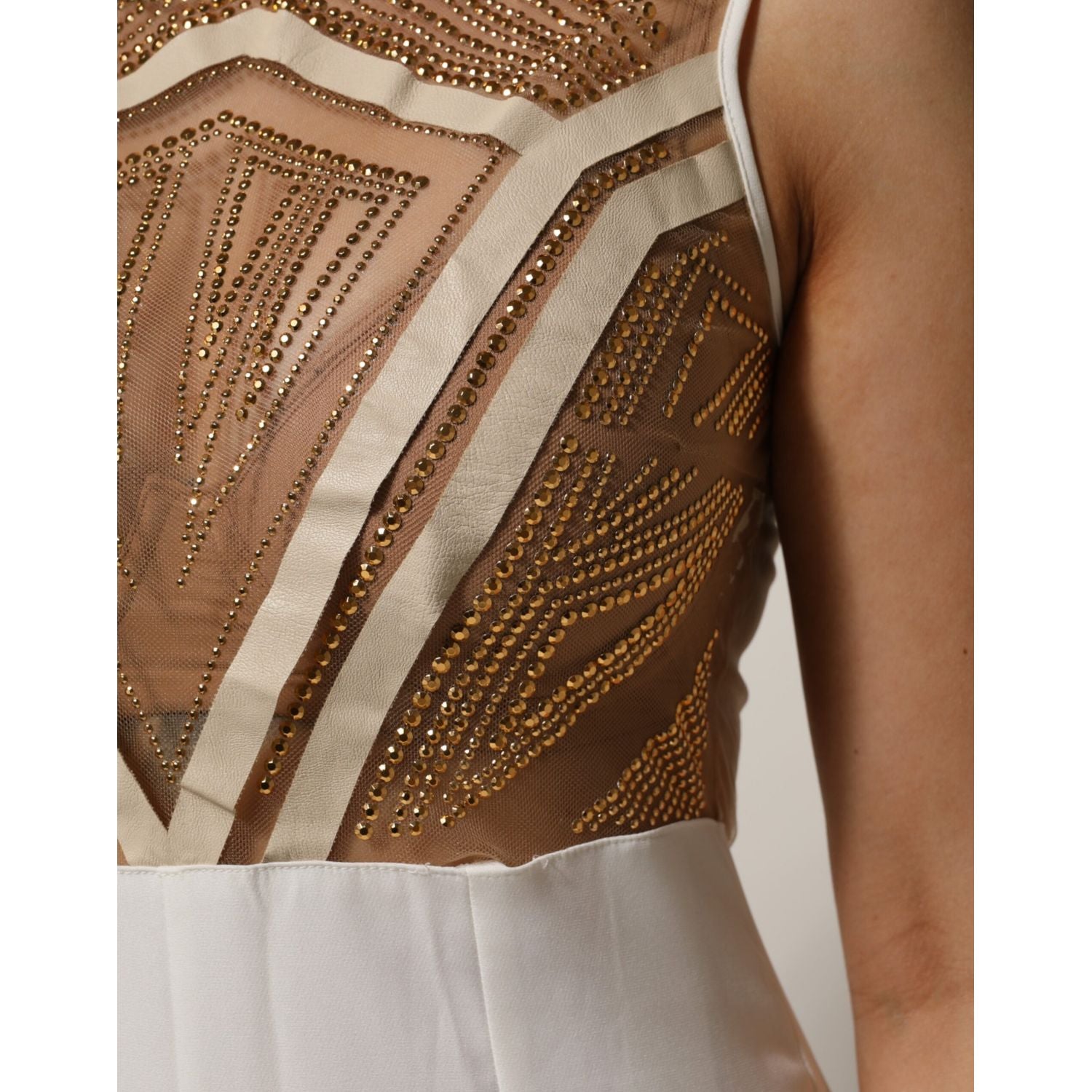 Mangano White Beige Mesh Crystal Embellished Sleeveless Jumpsuit