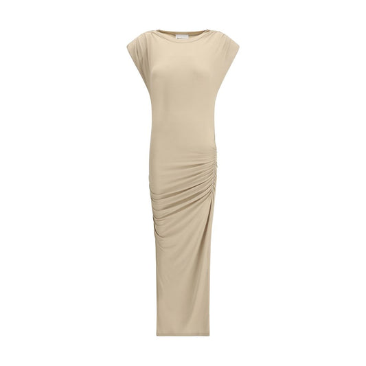 Marant Etoile Beige Modal Casual Dress with draped silhouette and cap sleeves, ideal for a sophisticated casual look.