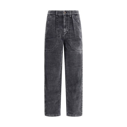 Marant Etoile Black Cotton Casual Pants with ribbed velvet, side pockets, and front pleating for refined style.