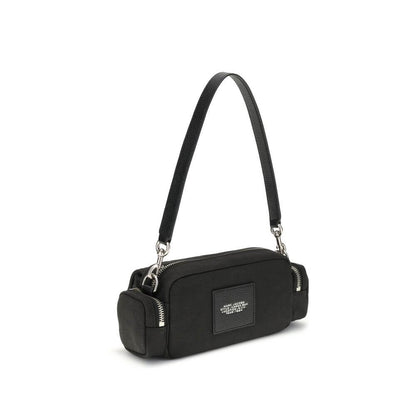 Marc Jacobs Black Canvas Shoulder Bag with leather strap and multiple pockets. Compact and stylish design, showing side view.