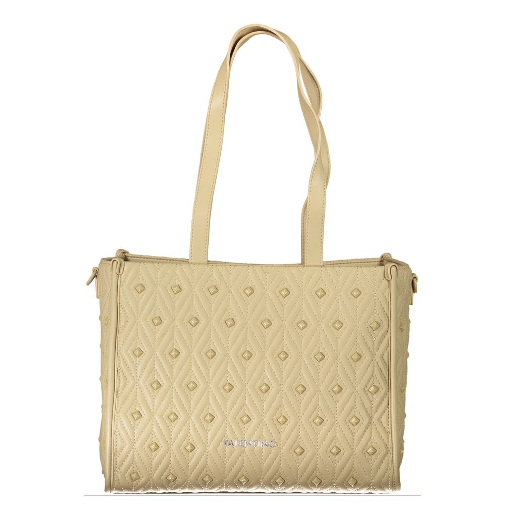 Mario Valentino Beige Polyester Handbag with shoulder handles and zip closure, featuring a logo and quilted design.