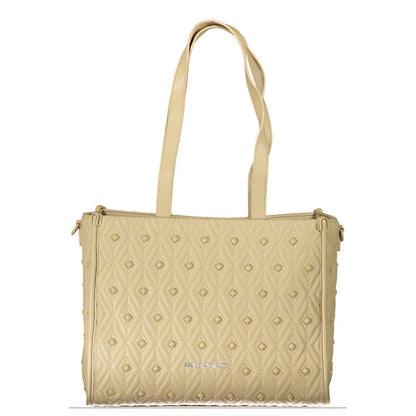 Mario Valentino Beige Polyester Handbag with shoulder handles and zip closure, featuring a logo and quilted design.