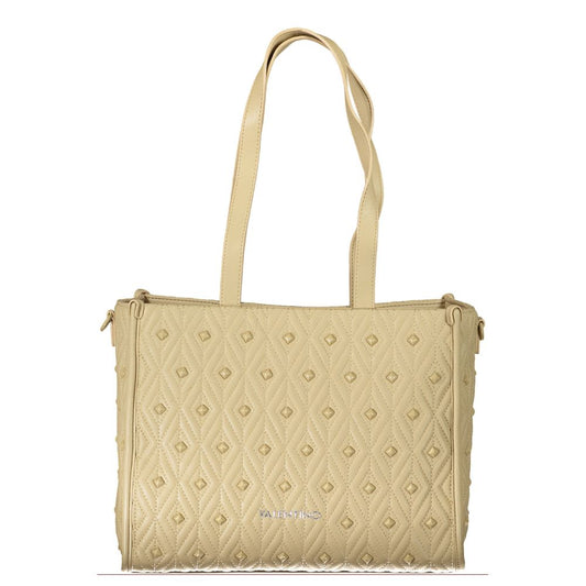 Mario Valentino Beige Polyester Handbag with quilted design, two shoulder handles, adjustable strap, internal pocket, phone spaces, and zip closure.