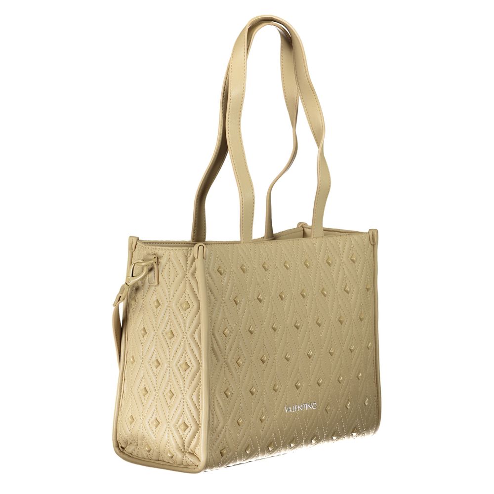 Alt Tag: Mario Valentino Beige Polyester Handbag with zip closure, dual shoulder handles, and adjustable strap shown on white background.