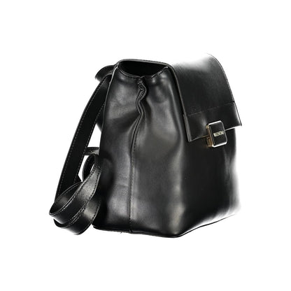 Mario Valentino Black Polyethylene Backpack with adjustable straps and external pocket, featuring logo and secure zip closure.