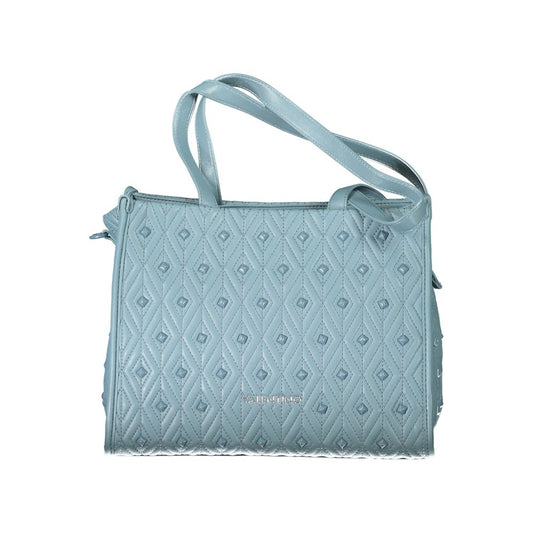 Mario Valentino Blue Polyester Handbag with diamond pattern, adjustable strap, zip closure, and internal pockets.