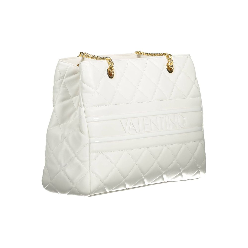 Mario Valentino White Polyethylene Women Handbag with twin handles and gold accents, featuring a removable shoulder strap and iconic logo.