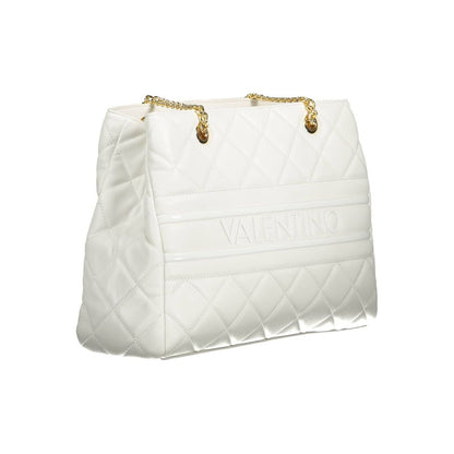 Mario Valentino White Polyethylene Women Handbag with twin handles and gold accents, featuring a removable shoulder strap and iconic logo.