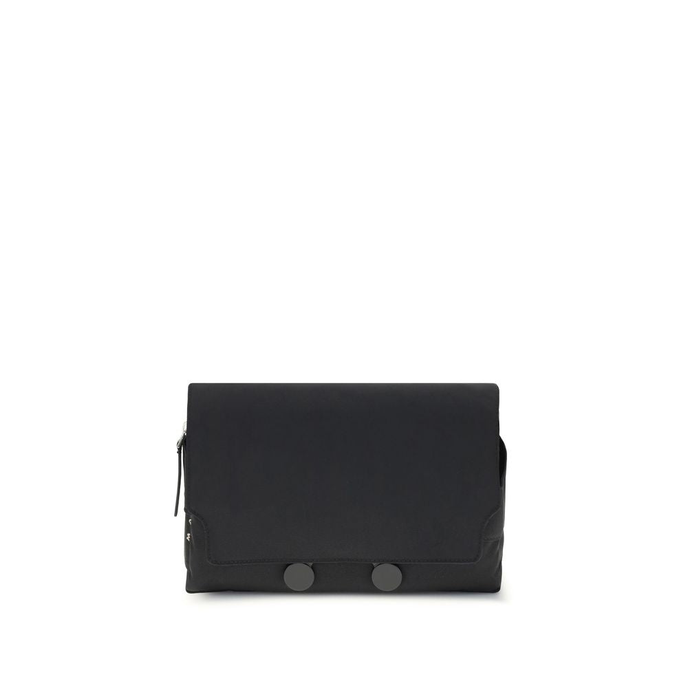 Marni Black Polyamide Clutch Bag with satin metal magnetic closure and engraved Marni lettering, featuring urban design for everyday use.