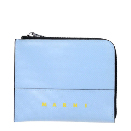 Marni Blue Polyethylene Wallet with silver accents and front logo, featuring light blue and black details, measurements 9.5x11.5 cm.