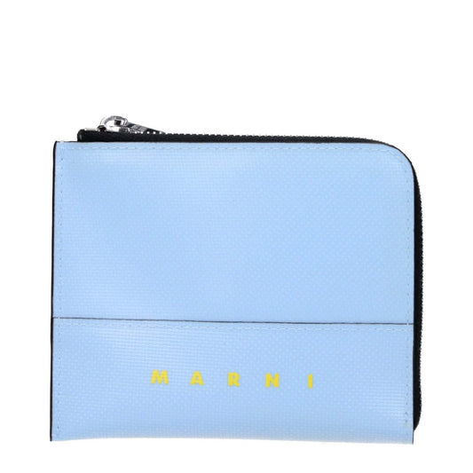 Marni Blue Polyethylene Wallet with silver details, showcasing front logo and light blue color, size 9.5x11.5 cm.