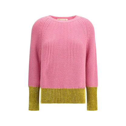 Marni Multicolor Fleece Wool Sweatshirt with pink and green color-block design, English rib knit, handcrafted logo, and long sleeves.