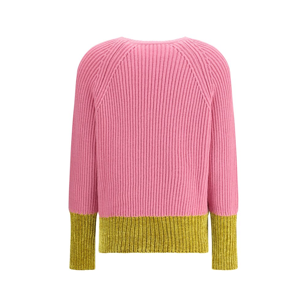 Marni Multicolor Fleece Wool Sweatshirt with pink and green color-block design, English rib knitting, and handcrafted details.