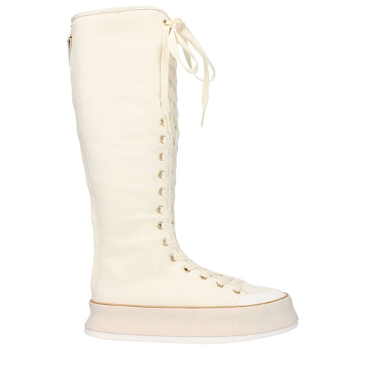 Max Mara Beige Fabric Lace-Up Boots with round toe and wedge heel, showcasing vintage effect and canvas color details.