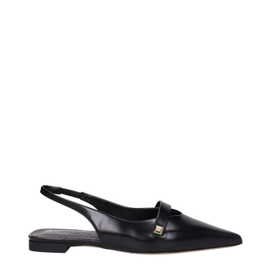 Alt Tag: Max Mara Black Leather Ballet Flats with pointy toe and side logo, featuring a low flat heel and leather sole.
