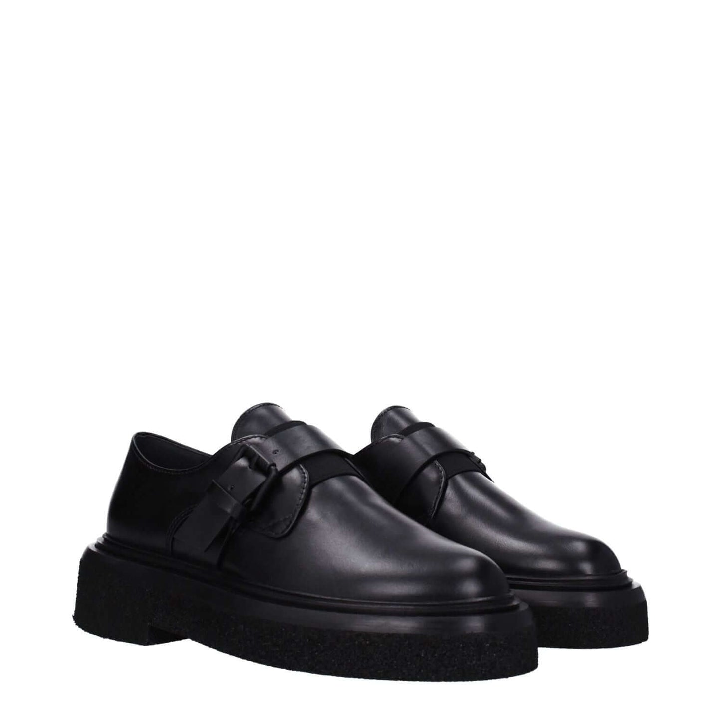 Max Mara Black Leather Oxfords And Derbies with round toe and buckle closure, featuring a low flat heel and rubber sole for casual style.
