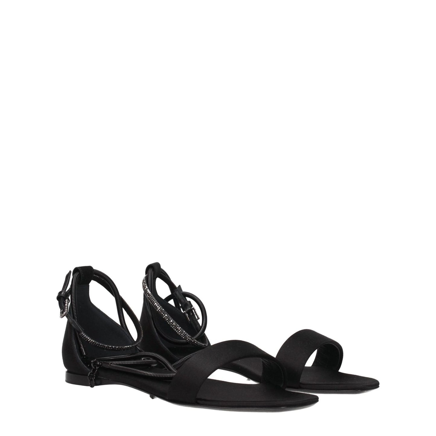 Max Mara Black Satin Flat Sandals with buckle closure and open toe, casual style. MPN: ELI23452123316001. Elegant and stylish footwear option.