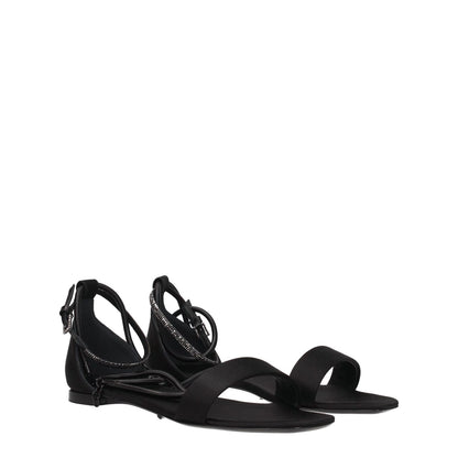 Max Mara Black Satin Flat Sandals with buckle closure and open toe, casual style. MPN: ELI23452123316001. Elegant and stylish footwear option.