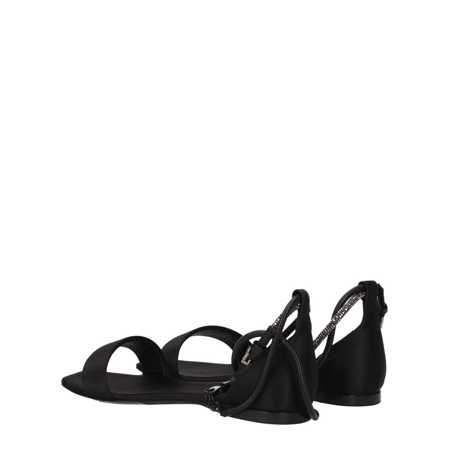 Max Mara Black Satin Flat Sandals with buckle closure and open toe design.