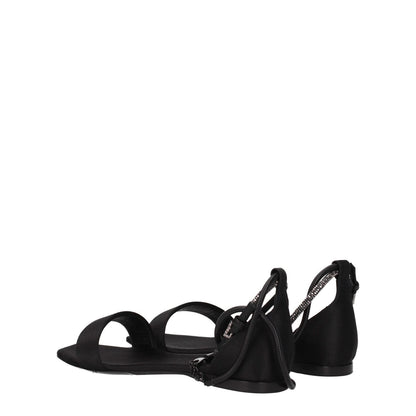 Max Mara Black Satin Flat Sandals with buckle closure and open toe design.