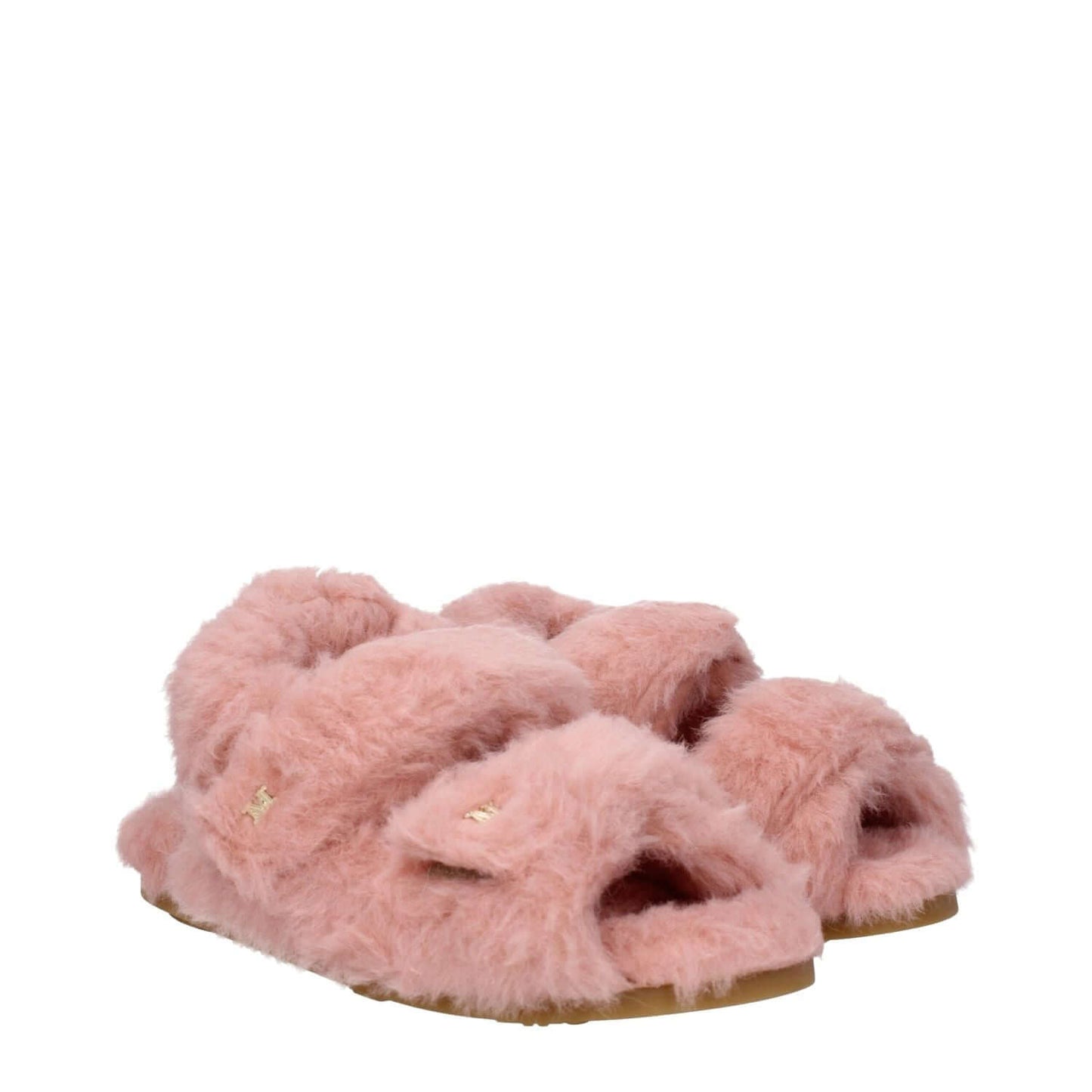 Alt Tag: Max Mara Pink Fur Sandals with eco fur, side logo, strap closure, open toe, and low flat heel, perfect for a casual style.