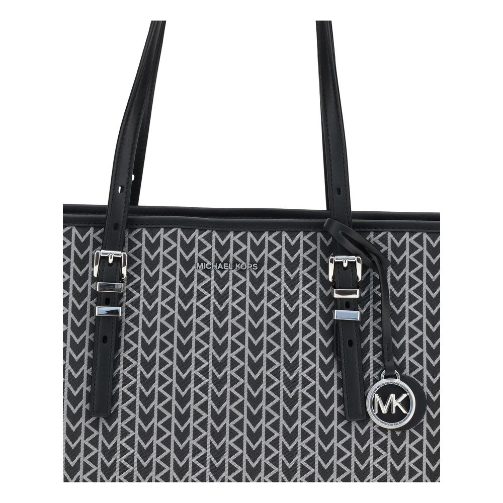 Michael Kors Black Polyester Shoulder Bag with logo pattern and adjustable leather straps, featuring a spacious design for versatile use.