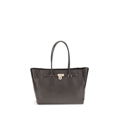 Michael Kors Brown Calf Leather Bos Taurus Shoulder Bag with iconic padlock pendant and decorative belt.