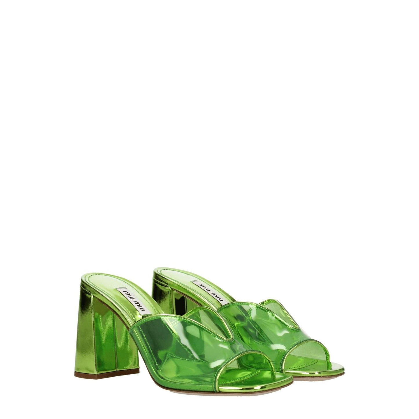 Miu Miu Green Plexiglass Platform Sandals with mid heels, open toe design, and leather sole. Fashionable and casual style shoes.
