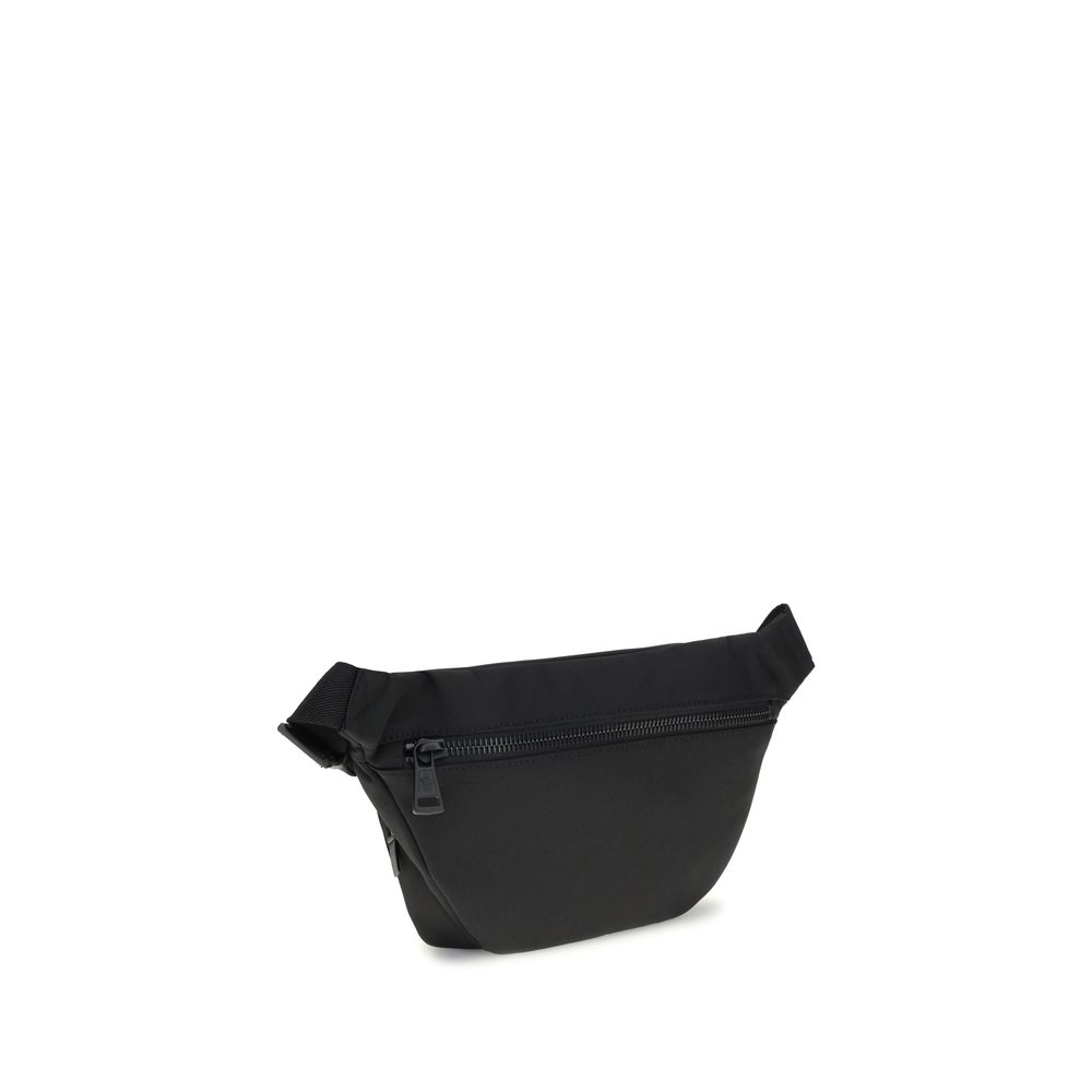 Moncler Black Nylon Clutch Bag with water-repellent nylon and leather trim, adjustable belt, zippered closure, and metal logo.