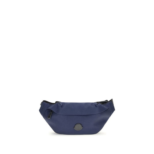 Moncler Blue Nylon Clutch Bag, water-repellent with adjustable belt, leather trim, zippered pockets, and metal logo for style and security.